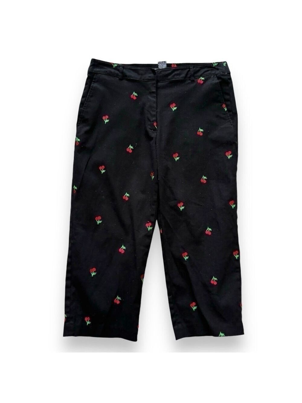 Briggs New York Petite Black Embroidered Red Cherries Capri Pants - Size 8P